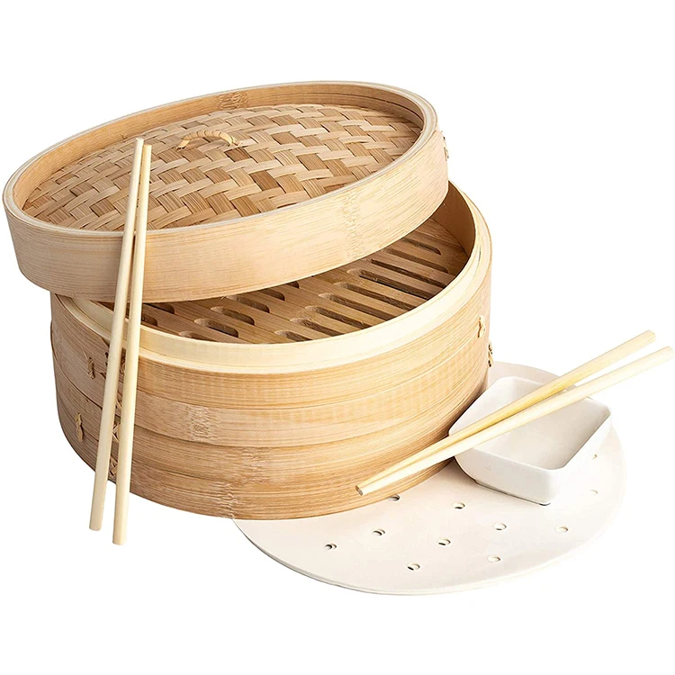
Factory Direct Selling Custom Mini 2 Tier Bamboo Steamer Basket 10 Inch 