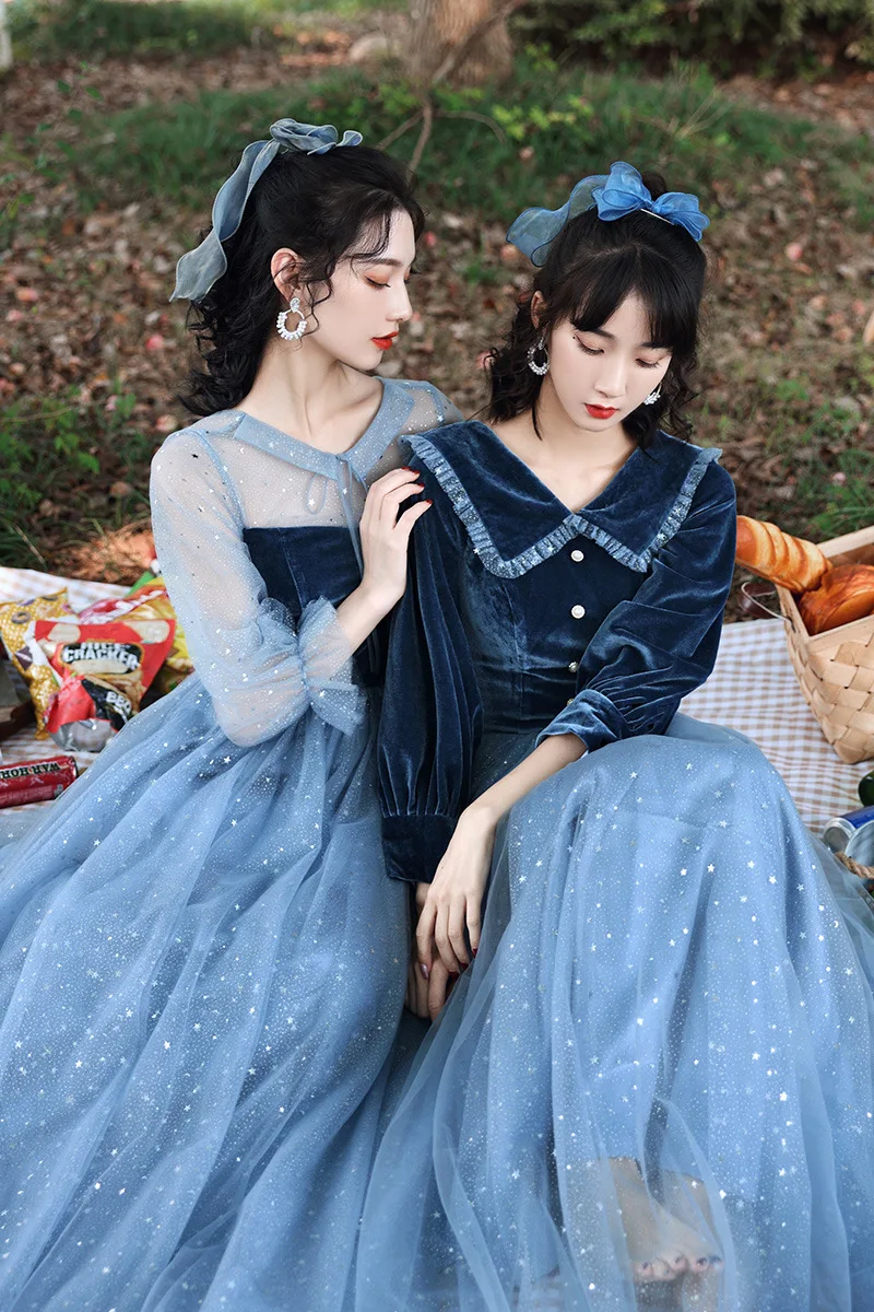 Bridesmaid dress for autumn and winter new starry sky bule sister group long evening dress performance dress  AG2592