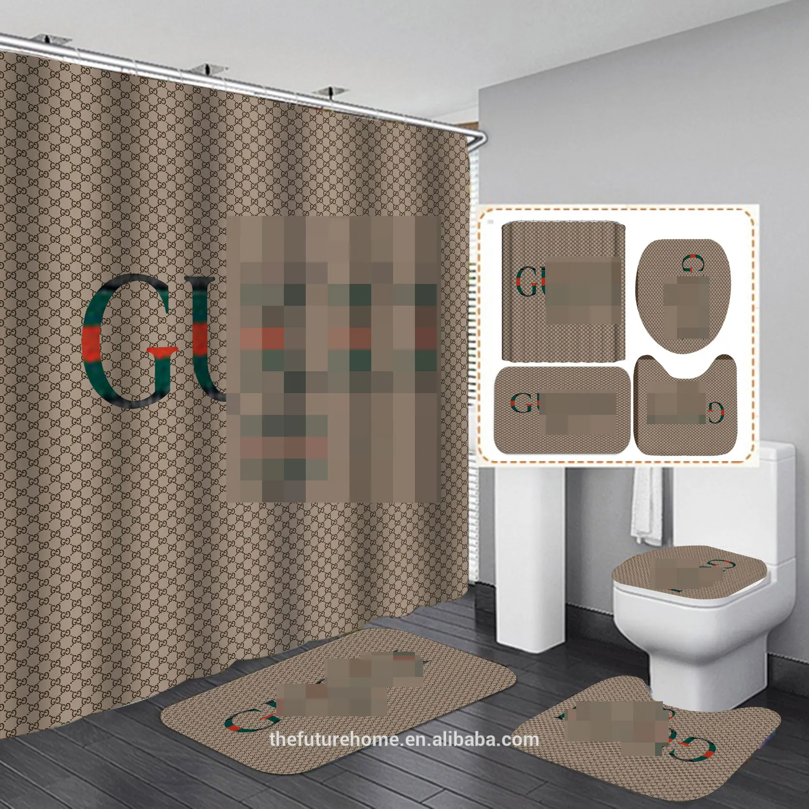 
Custom Brands Logo Printing Design Toilet Lid Mat Rug Shower Curtain Bathroom Mats Set 