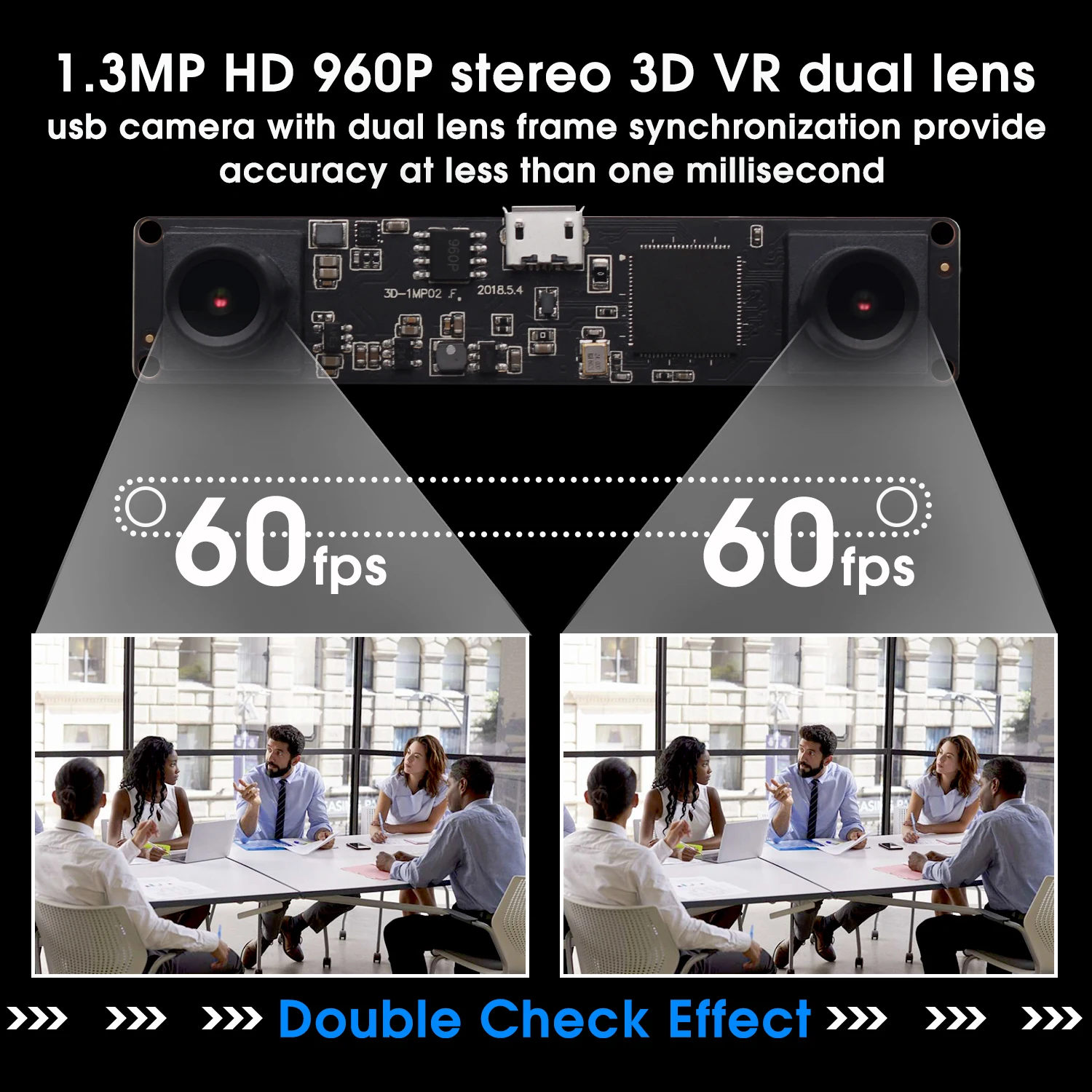 ELP 1.3MP 960P USB2.0 dual lens usb camera module Synchronization camera for 3D depth detection of human eye effect