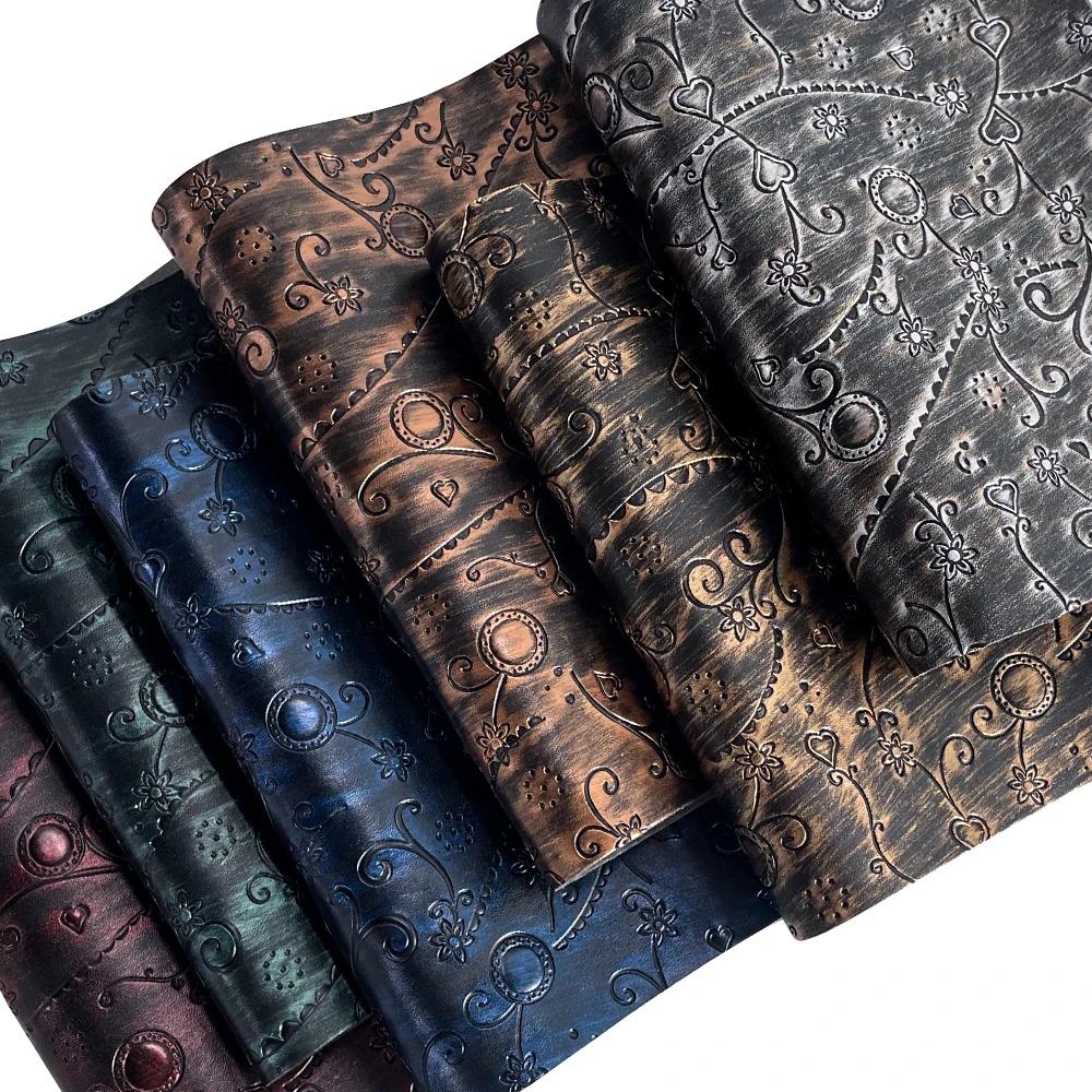 Metallic Embossed Leatherette 3D Carved Floral Design Synthetic Leather Paint Surface Vinyl Fabric For Leather Bags/Belts/Shoes