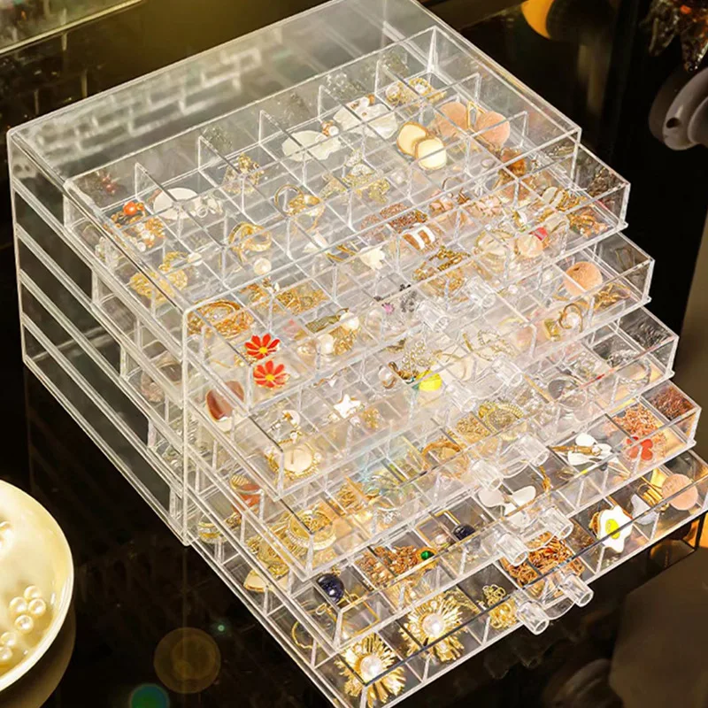 120 Grids Transparent Jewelry Organizer Large Capacity Earring Holder Case Ring Clear Acrylic Jewelry Storage Box w/ 5 Drawers