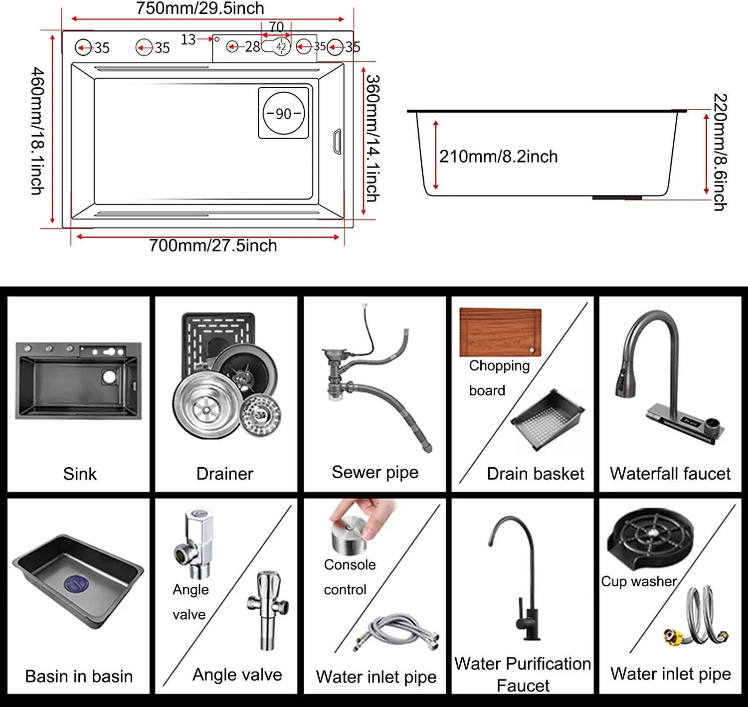 Kitchen Sink, 304 Stainless Steel Nano Raindance Waterfall Sink, with Pull-Out Faucet Single Bowl Big Sink