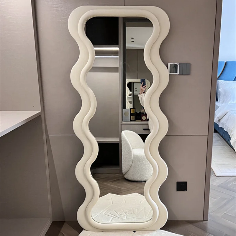 Factory modern living room simple decor floor standing large irregular fabric framed full length body wavy wall mirror espejos