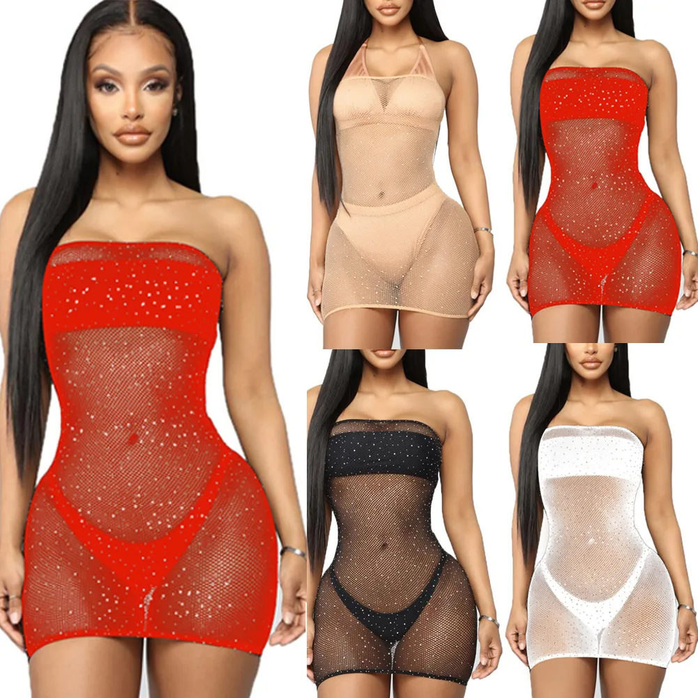 New European and American wrapped chest hot diamond dress dot starry translucent one