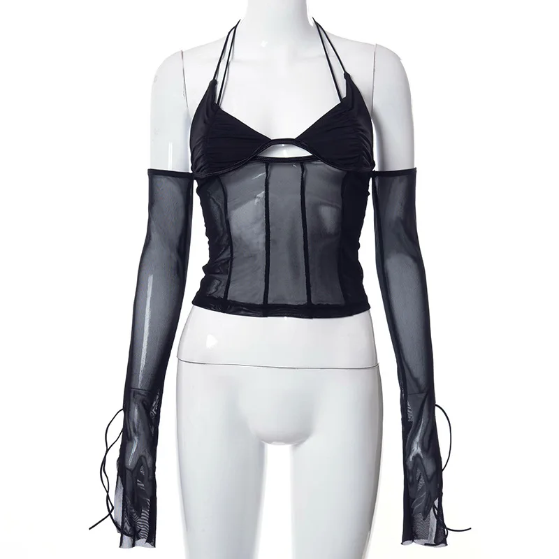 New Trend Sexy Club Mesh One Piece Spandex See Through Backless Summer Halter Longsleeve Fishnet Sheer Bodysuits For Women