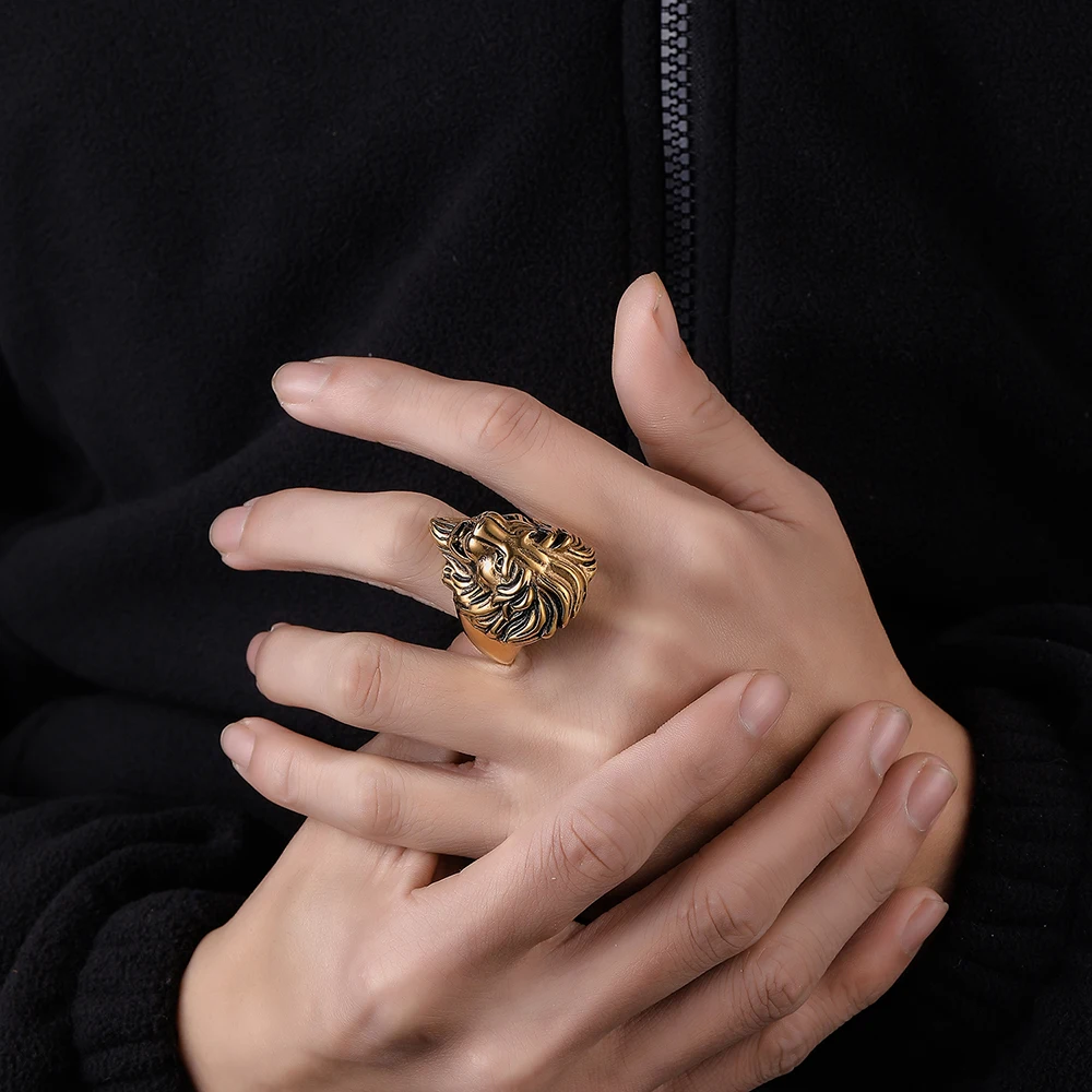 2022 Trendy Jewelry 316L Stainless Steel Gold Plated Lion Ring Lion Head Animal Rings For Men Accessories