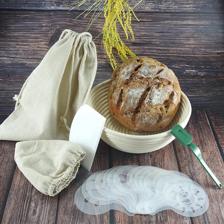 Factory Custom Indonesia Rattan Woven Round Oval Banneton Bread Proofing Basket Set with Linen Cover Stencils Scoring Lame