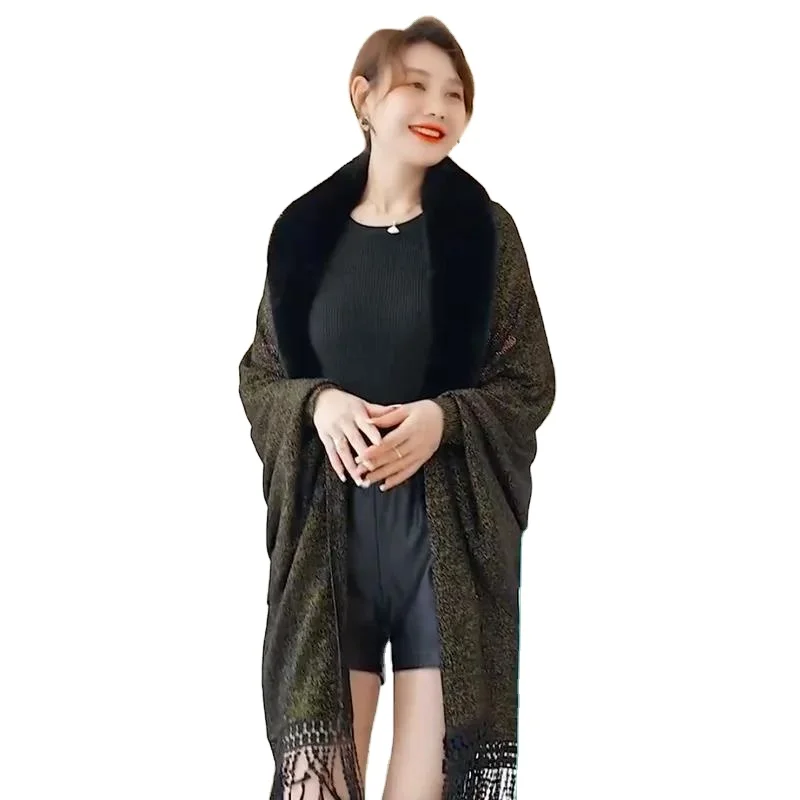 Japanese Korea Women Oversize Embroidered Fur Cloak Winter Knitted Poncho Capes Female Batwing Sleeves Tassel Long Wrap Coat
