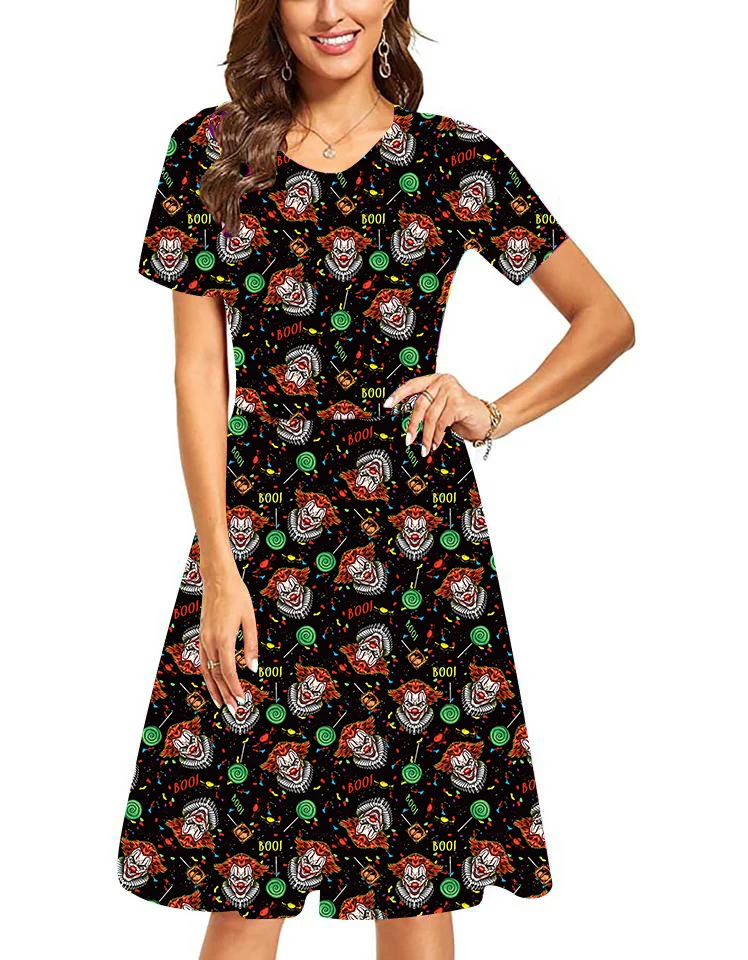 Manufacturer Supplier 2023 New Casual Abstract Flower Printed Round Neck Short Sleeve Midi Dresses Women Custom Clothing