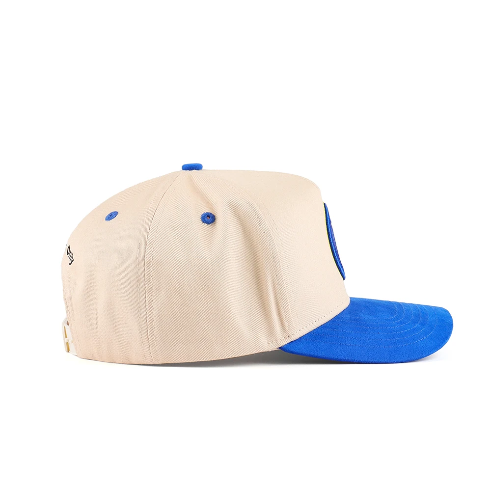 Custom High Quality 5 Panel A Frame Style Cotton Baseball Cap With 3D Raised Embroidery Logo Suede Two Tone Hats