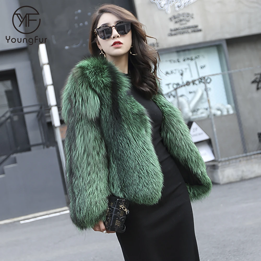 Women winter overcoat whole skin green real silver fox fur flat natural fox fur coat