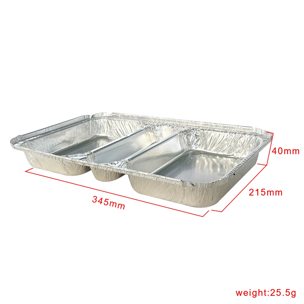 Wholesale Food Packaging Aluminum Foil Take-Out Pan Disposable 3-compartment Oblong Aluminum Foil Container