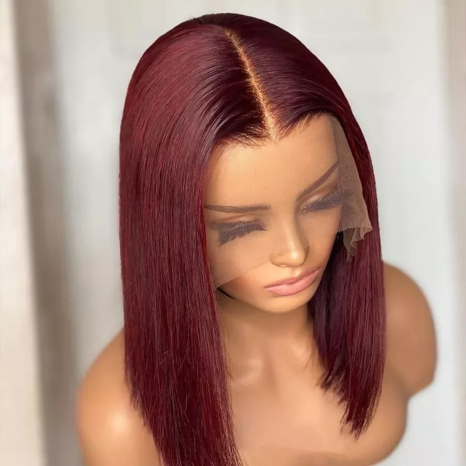 Short blunt cut bob wig 99j burgundy raw indian virgin cuticle aligned hair lace front wig colorful bob wigs hd lace pre plucked