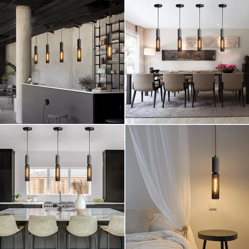 Modern Industrial Linear Pendant Light Concrete with Metal Mesh Cover for Kitchen Island Bedroom Living Room Dining Room