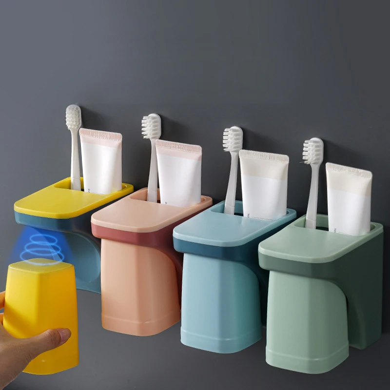 PP Cute Kids Multifunctional Toothbrush Cup Holder Wall Mounted Storage Magnetic Single Toothbrush Holder