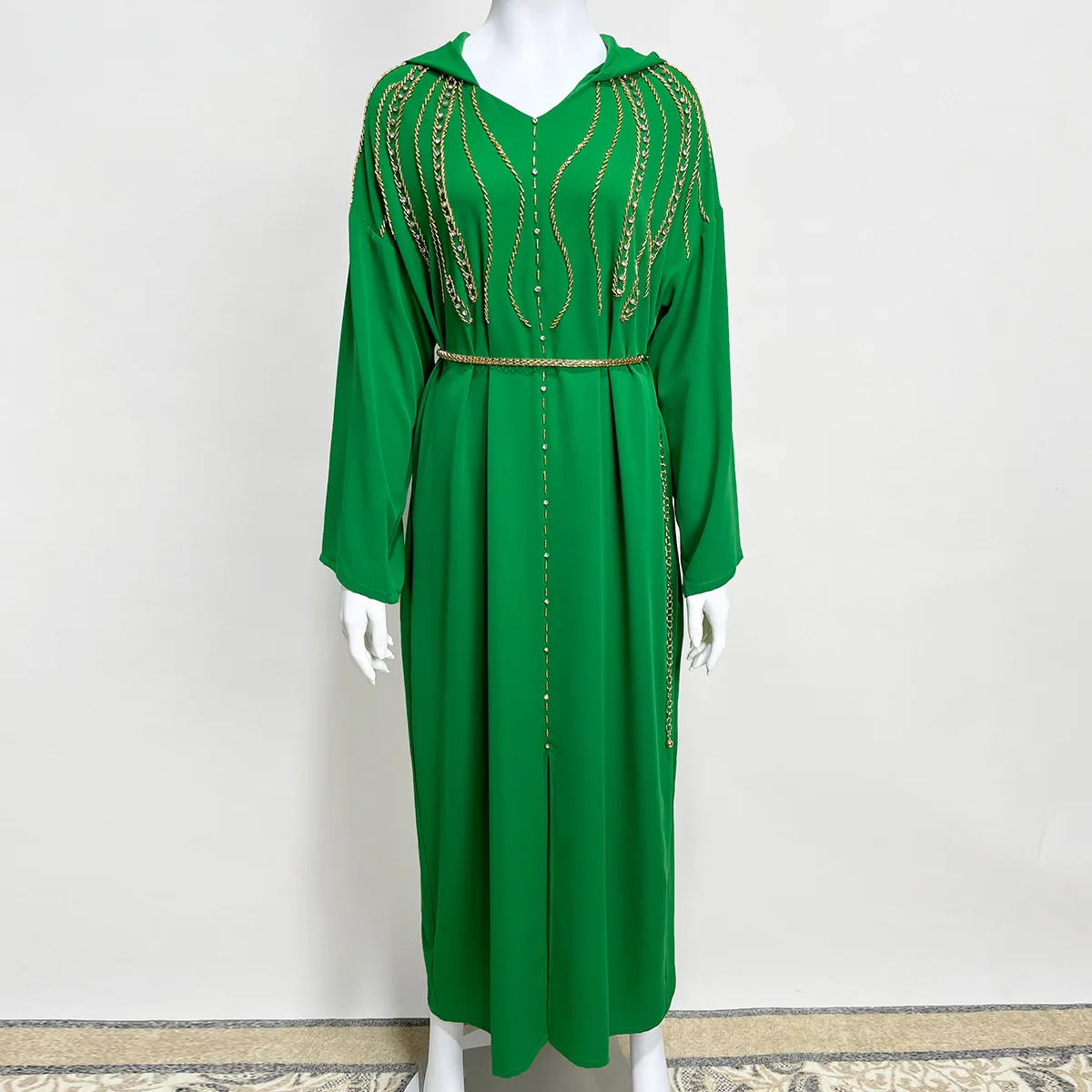 Custom Wholesale Muslim Clothing Turkey Hooded Ramadan Eid Green Abaya Muslim Djellaba Dresses for women