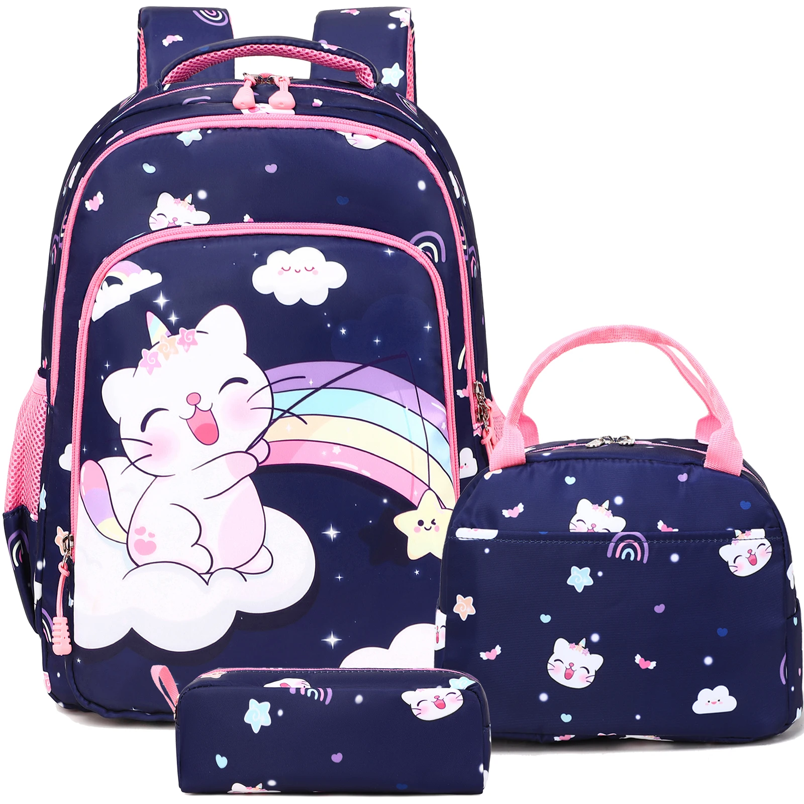 Hot-selling 3-in-1 Cute Cat Pattern Durable Waterproof School Backpack Set for Girls Kids Schoolbags Daily Use Book Bags