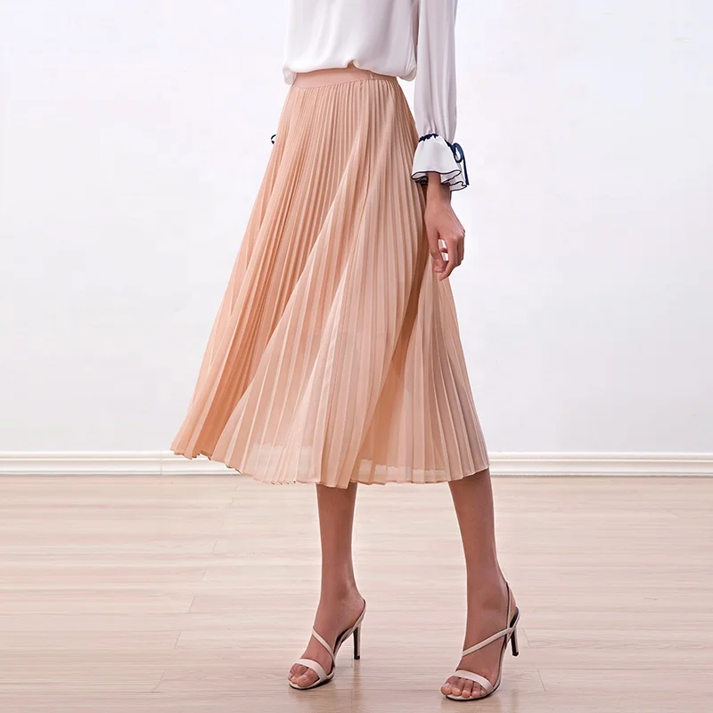 S280L Solid chiffon elasticated waist full circle sunburst pleated midi casual skirt