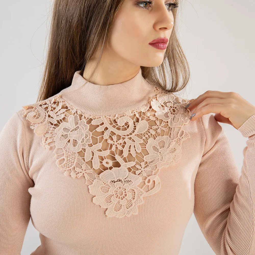  Цветок кружева из кусков пуловер длинный рукав модная дамская Slim Fit трикотаж сексуальные женские вязаные