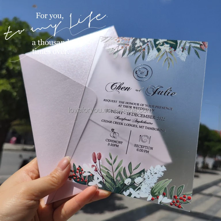 Пользовательские Роскошные печатные Матовые акриловые свадебные приглашения с жемчужным конвертом