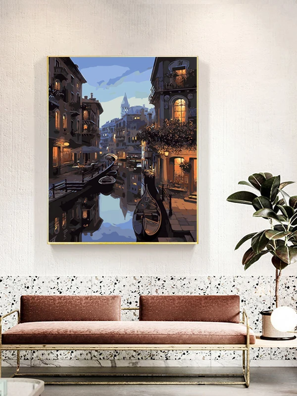 Painting by numbers Town On Canvas Number painting Scenery DIY Coloring by numbers Adults River crafts