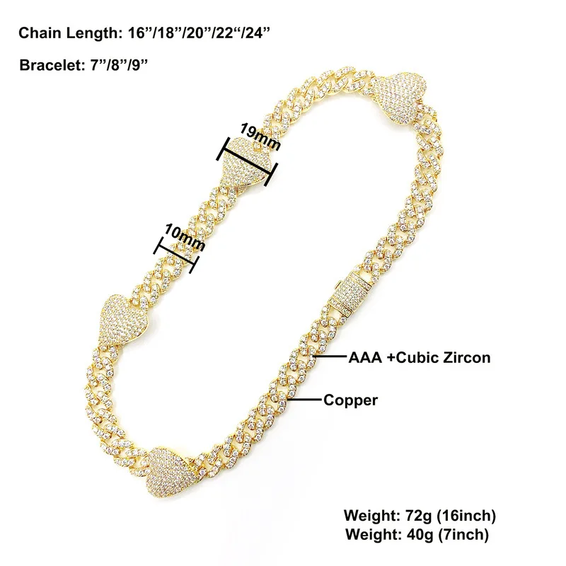 MJ Jewelry  Hot 2021 New Arrival 10mm Cuban Chain Heart Charm Bracelet Necklace Bling Bling Women Men Rapper Miami 2 Jewelry Set