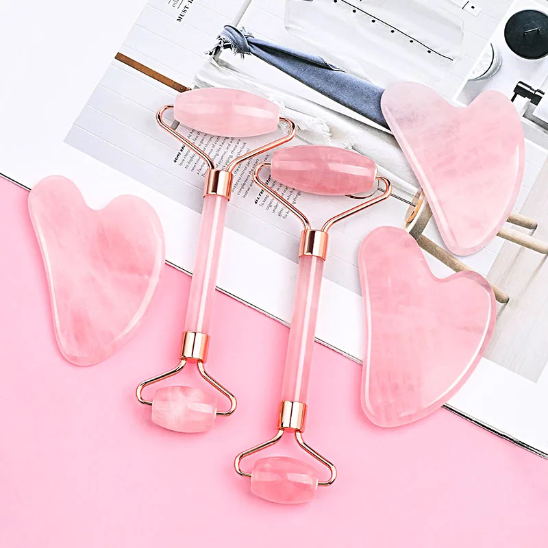 Custom Logo Pink Crystal Facial Massage Tool Jade Gua Sha Set Rose Quartz Face Roller Guasha Stone Skin Care Beauty Products