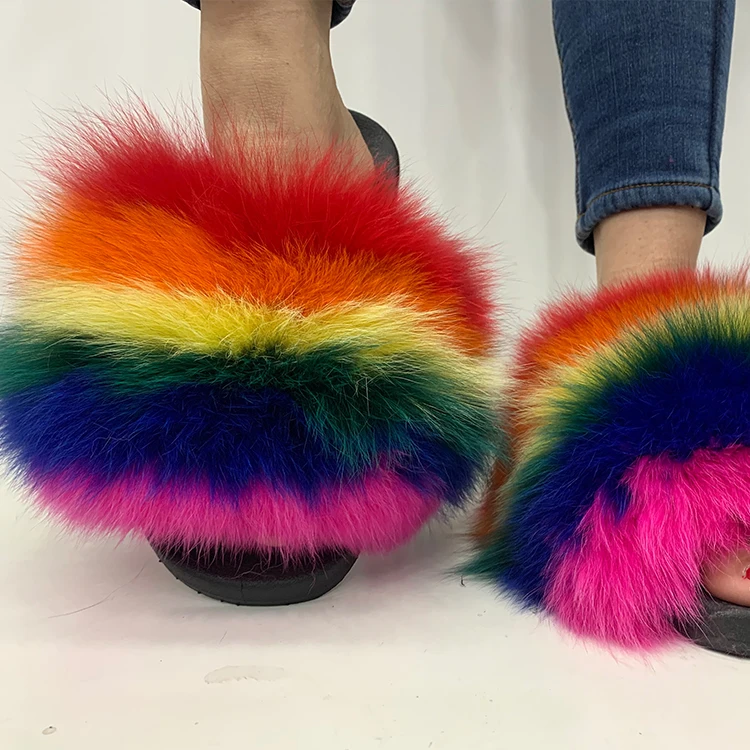 
Wholesale fashion custom color logo fuzzy fur flip flop slippers furry real fox fur slides fur slides for women and kids 
