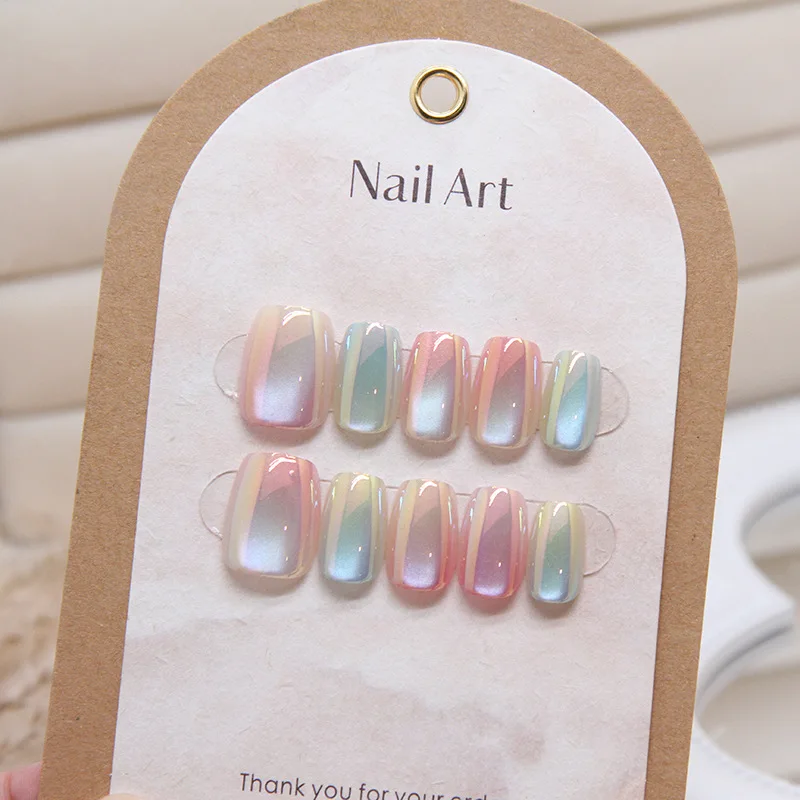 Electroplating Cat-Eye Wearable Nails Removable   Candy Macaron Color Gradient Push on Nails for Wedding Birthday Girl Women