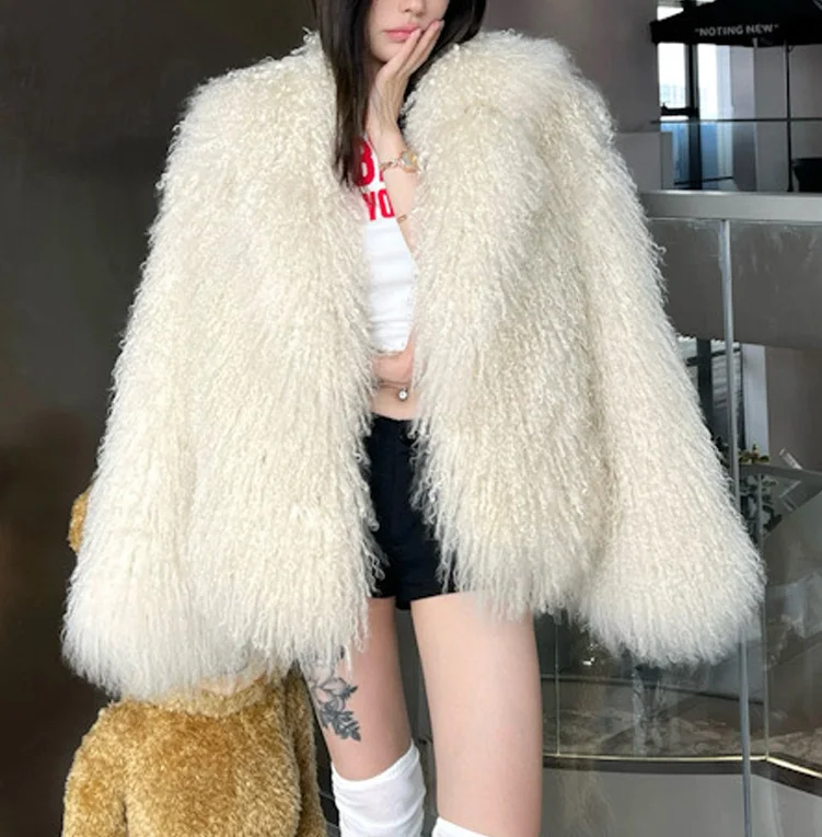 Factory winter new fur jacket luxury one piece leather Mongolian wool fur garment real fluffy big fur collar coat for women