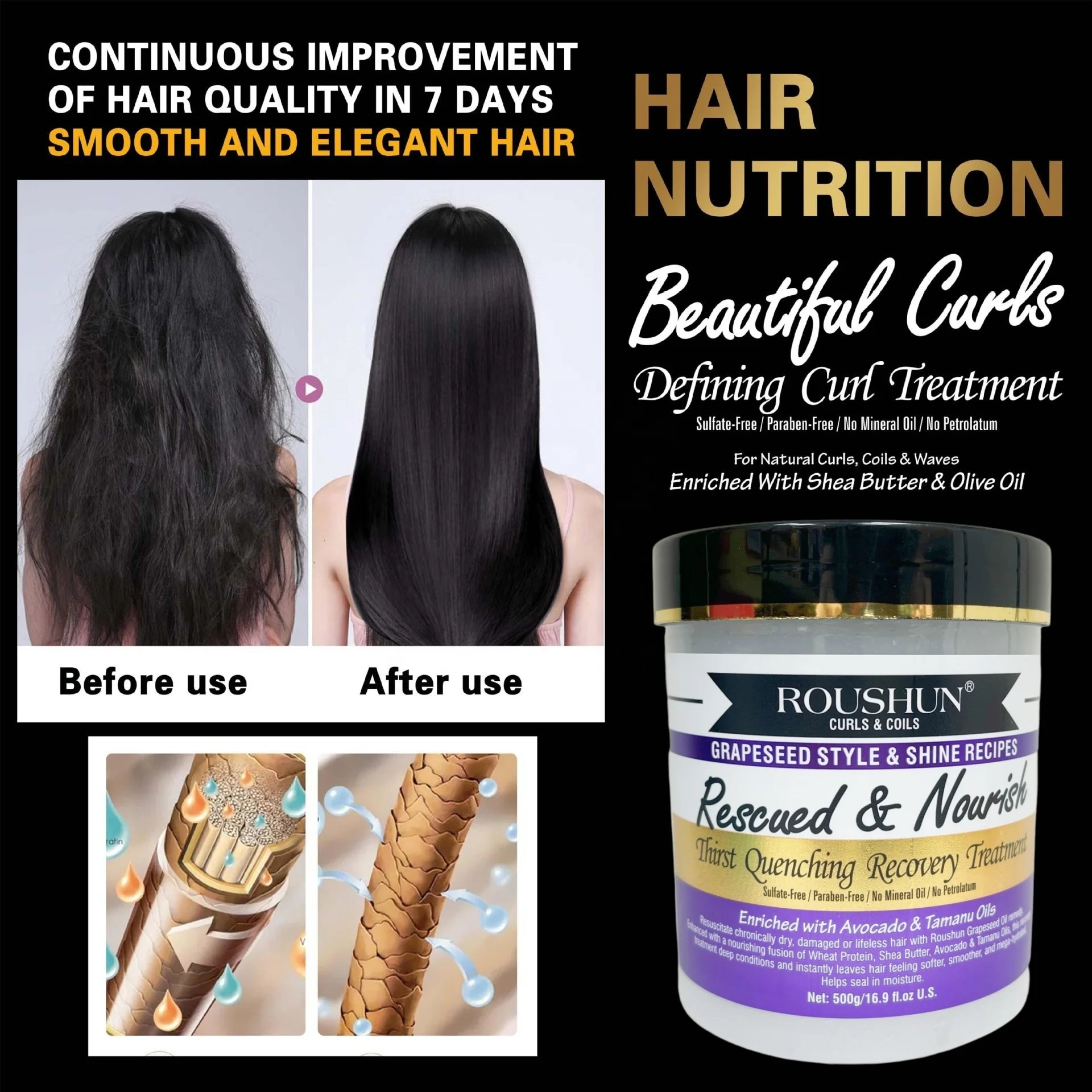Roushun Curls&coils Grapeseed Style&shine Recipes Thirst Quenching Recovery HairTreament 500g