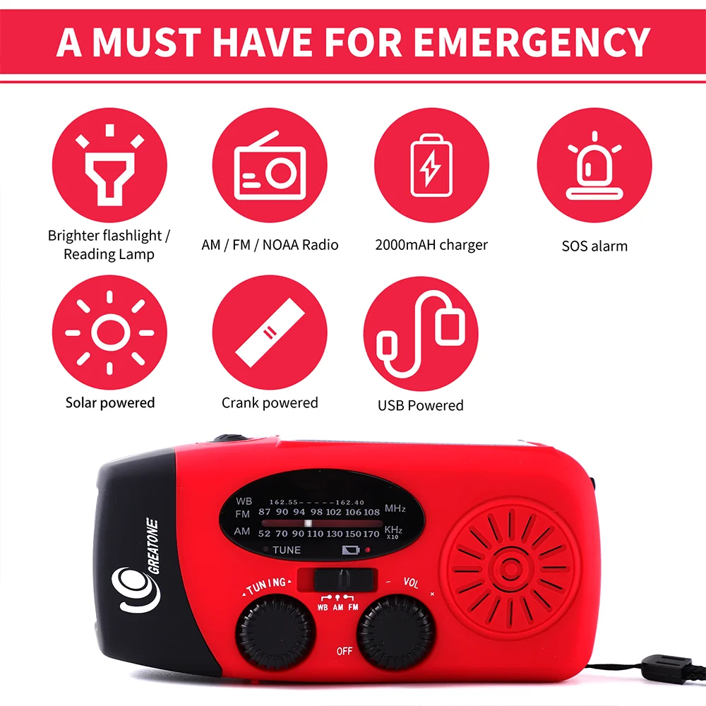 Wholesale Hot Styles Rechargeable Battery Portable Self Powered Dynamo SOS Alarm Emergency Solar Hand Crank Flashlight Weather B