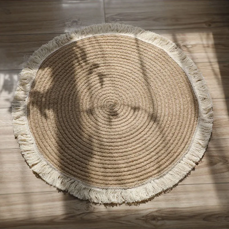 Cotton rope woven fringed floor mat balcony cotton carpet guest house tea table round bedroom floor mat