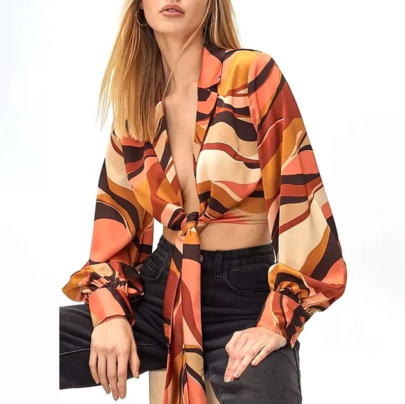 INS long sleeve Tie Front Cropped Shirt spring summer shirt 2022 custom blouse new fashion girls blouse blouses&shirts