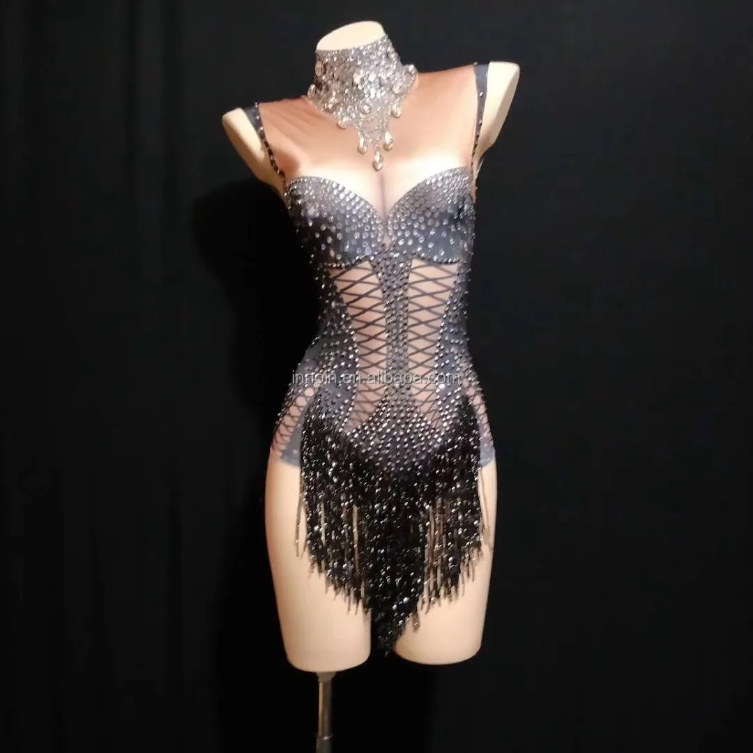 Women Jazz Dance Nude Stretch Bodysuit Outfit Fringes Rhinestone Jumpsuit Evening Show Sexy DJ Costume Wear Stage Costume