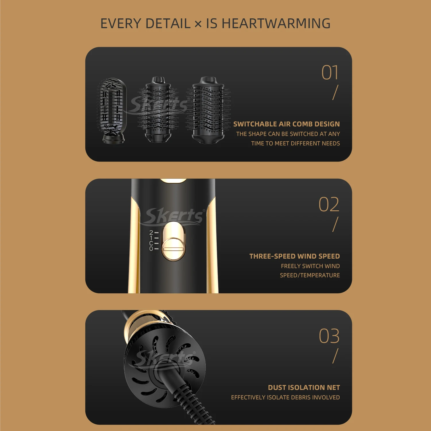 Multi 3 In 1 Interchangeable Professional One Step Electric Hair Round Blow Dryer Comb Rotary Volumizer Electric Hot Air Brush