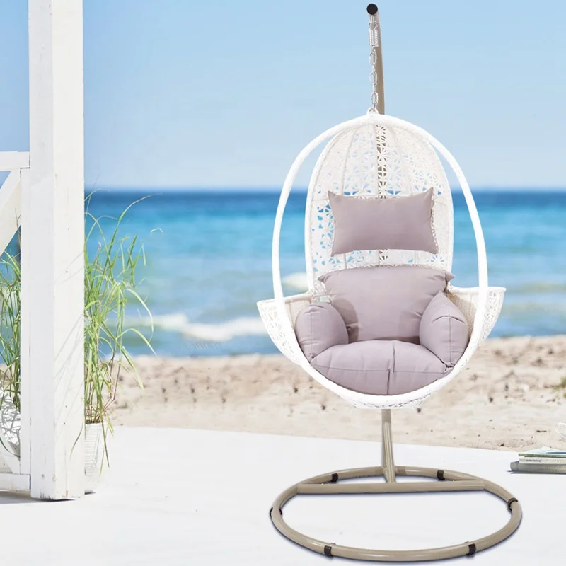 White Modern Patio Garden Wicker Furniture Outdoor Front Porch Rattan Metal Swing Hanging Egg Chair with Stand