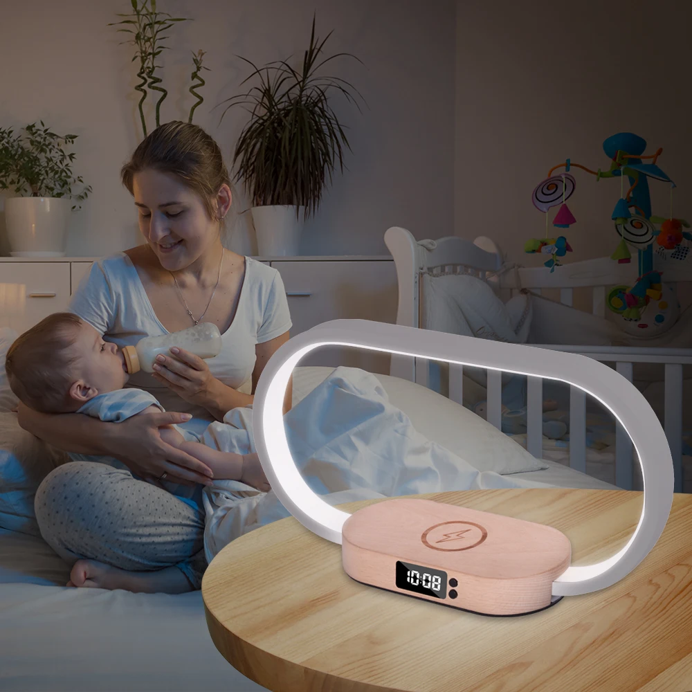 NEW 2023 New Product Wooden Lamp With Wireless Charging Time Display Bedside Night Light