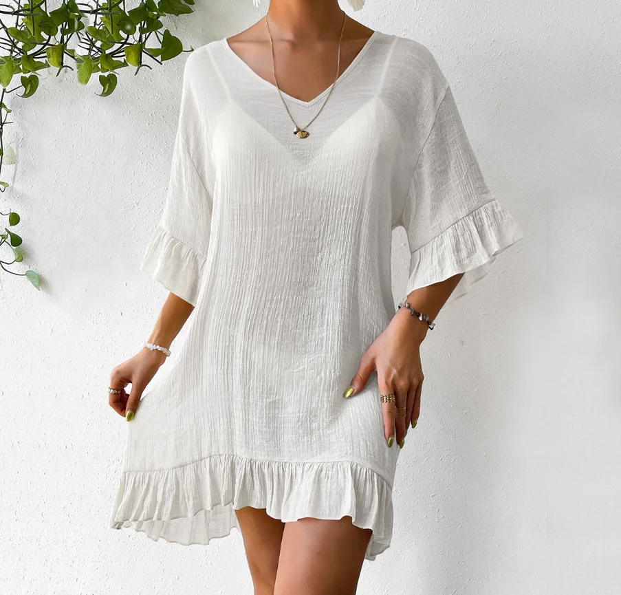 Back Tunic Linen Beach Caftan Swimwear Cover Ups STOCK Two Colors V-NECK Ruffle Hem Crochet