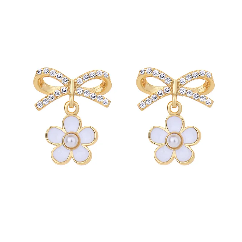 2023 New 925 silver gold plating simple and elegant butterfly pearl enamel flower earrings women