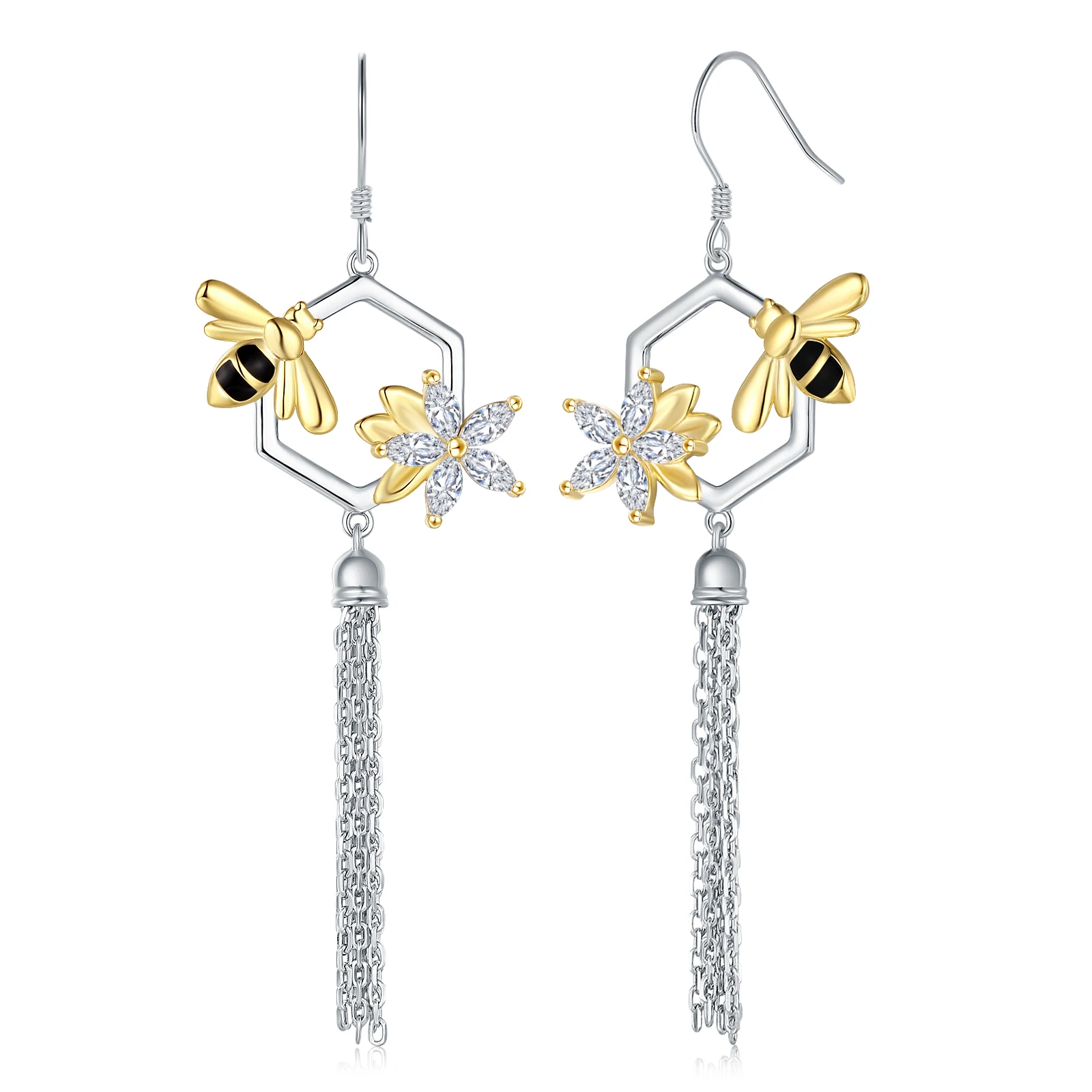 Silver Honeycomb Bee Tassel Earrings 925 Sterling Silver Bumble Bee Tassel Earrings Jewelry for Women