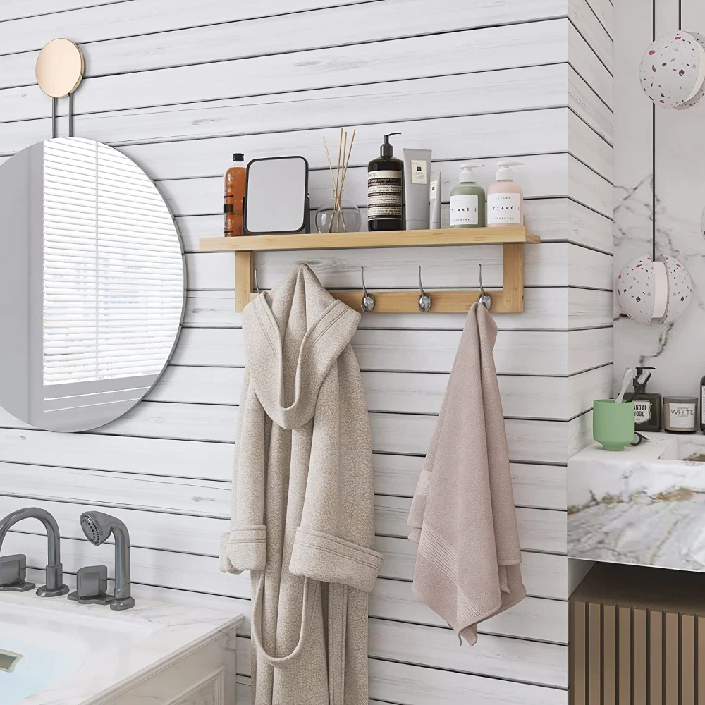 Hat Rack Hooks Bamboo Garment Coat Clothes Hanging Rack Coat Hanger With Storage