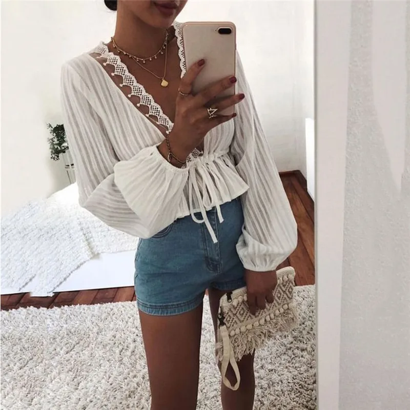 2023 Spring Hot Sale Crop Tops Blouse Kant Diepe V Hals Lange Lantaarn Mouwen Elegant Lace Chiffon Blouse Tops