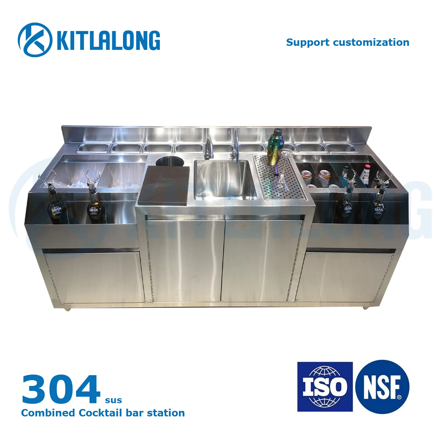 Kitlalong 304 customized Ireland European style cocktail bar station stainless steel inc bin Cocktail bar station