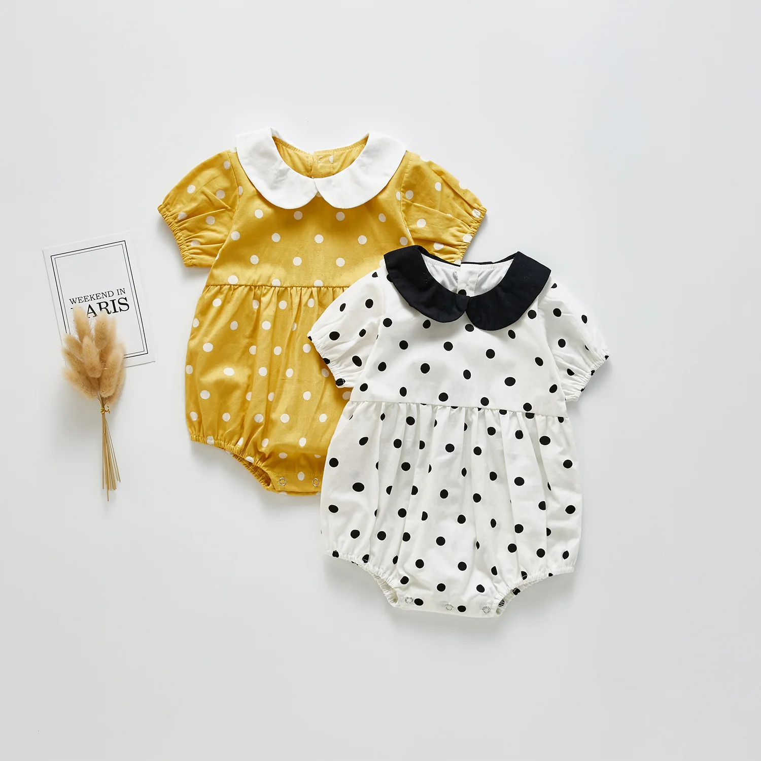 Summer new baby short-sleeved jumpsuit female baby small lapel polka dot romper romper outing clothes