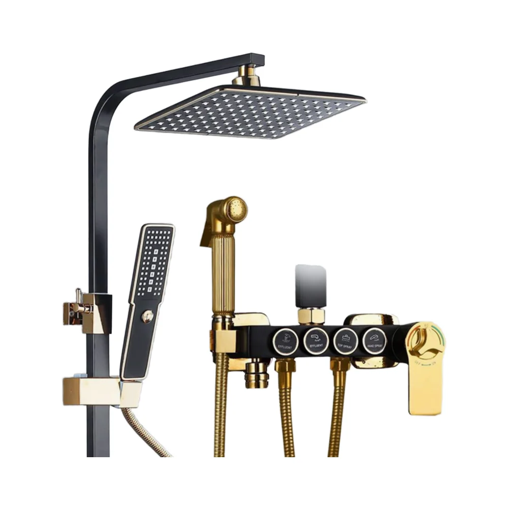Square Bathroom Shower System Thermostatic Hot Cold Bath Tap Rain Spray Black Gold Mixer Faucet Thermostatic Shower Set