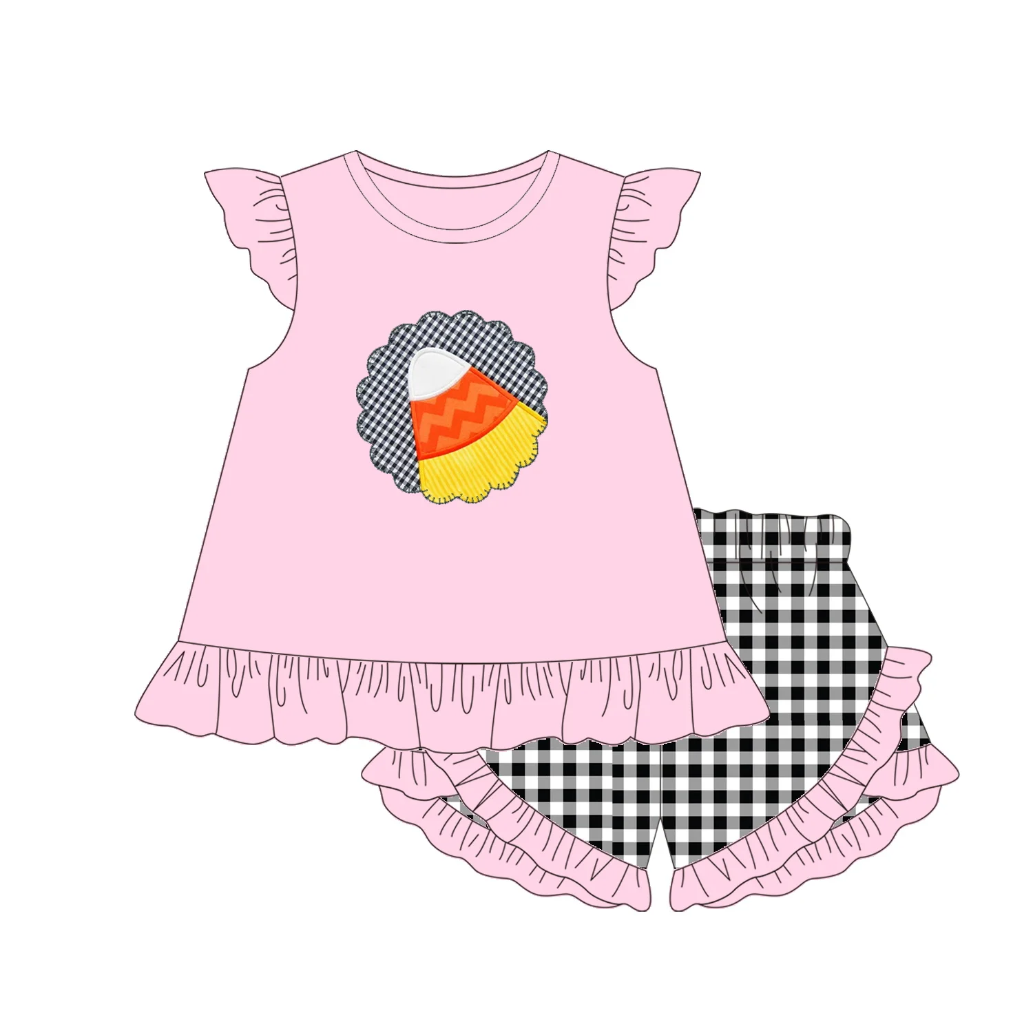 Boyis Halloween design hot sales customized boutique clothing corn candy applique  short girls sets