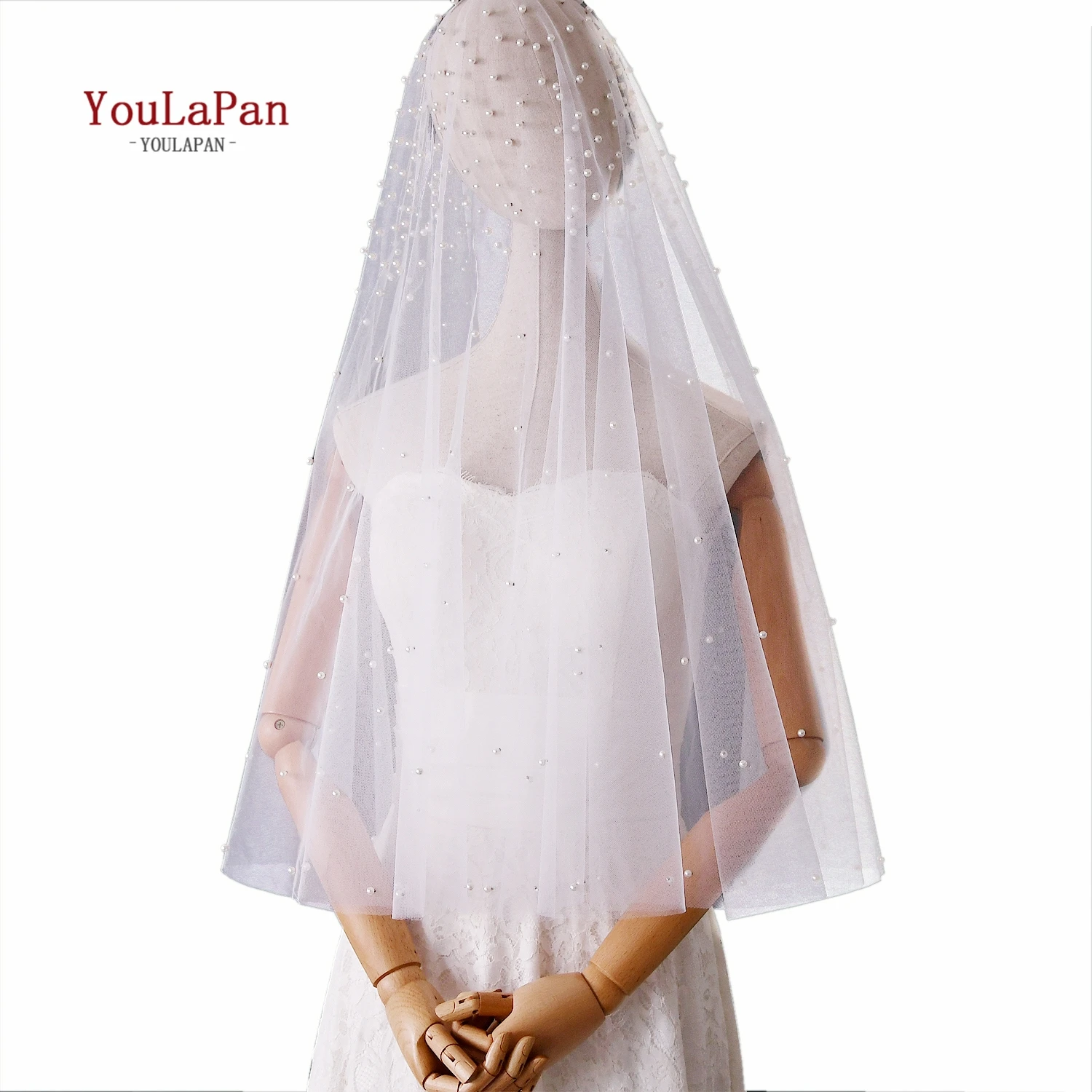 
YouLaPan V08 Long Tulle White Pearl Bridal Veil Cathedral Veil for wedding Dress Accessories 