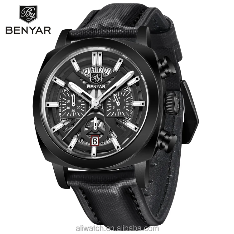 Benyar Luxury Chinese Luminous Chronograph Watch 5205 PC Case Alloy Leather Strap Buckle Clasp High Quality Quartz New Design